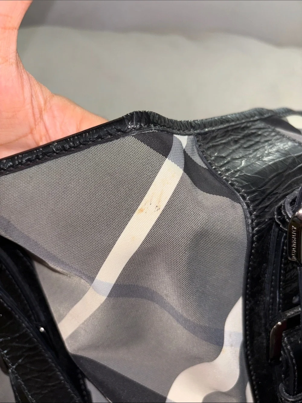 Burberry Black, Gray and Cream Plaid Tote with Leather Straps